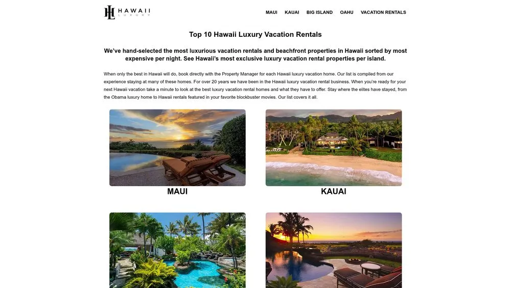Hawaii Luxury website homepage