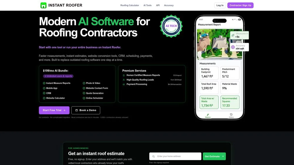 Instant Roofer website homepage