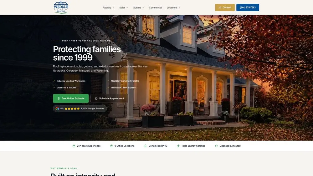 Weddle & Sons Roofing website homepage